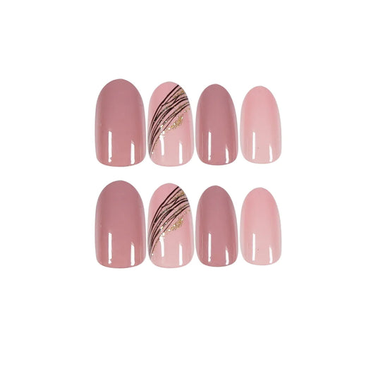 Almond Slant Gold Line Lotus Pink Fake Nails Artificial Professional Material art False Nail Supplies For Professionals