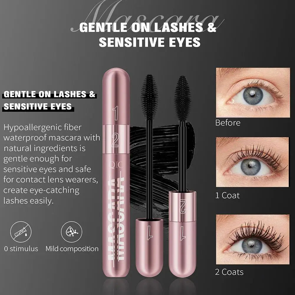 Double Head Black Mascara Waterproof Lengthens Extension Eyelashes Non-smudge Lengthening Volume 5D Silk Fiber Mascara Cosmetics