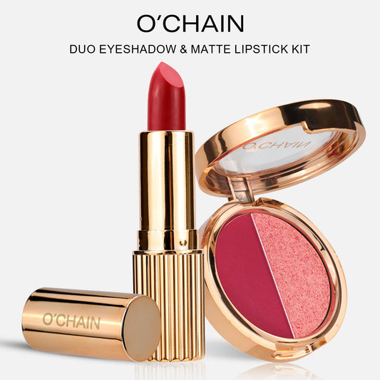 O'CHAINPearlescent two-color eyeshadow matte lipstick does not fade, non-sticky cup powdery delicate eyeshadow palette