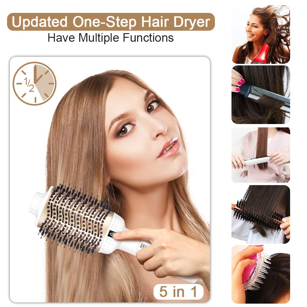 Hair Dryer Brush, One Step Hair Dryer & Volumizer, Hot Air Brush for Hair Styling, Multifunctional 5-in-1 Salon Negative Ionic Hair Straightener & Curly Hair Comb - White and Gold - ultrsbeauty