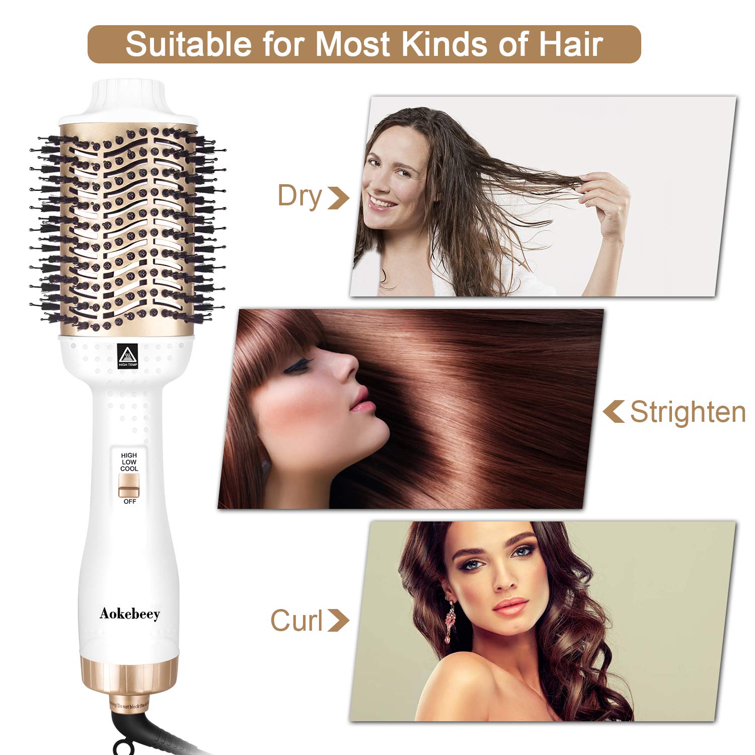 Hair Dryer Brush, One Step Hair Dryer & Volumizer, Hot Air Brush for Hair Styling, Multifunctional 5-in-1 Salon Negative Ionic Hair Straightener & Curly Hair Comb - White and Gold - ultrsbeauty