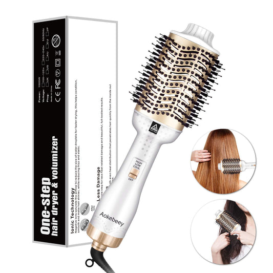 Hair Dryer Brush, One Step Hair Dryer & Volumizer, Hot Air Brush for Hair Styling, Multifunctional 5-in-1 Salon Negative Ionic Hair Straightener & Curly Hair Comb - White and Gold - ultrsbeauty