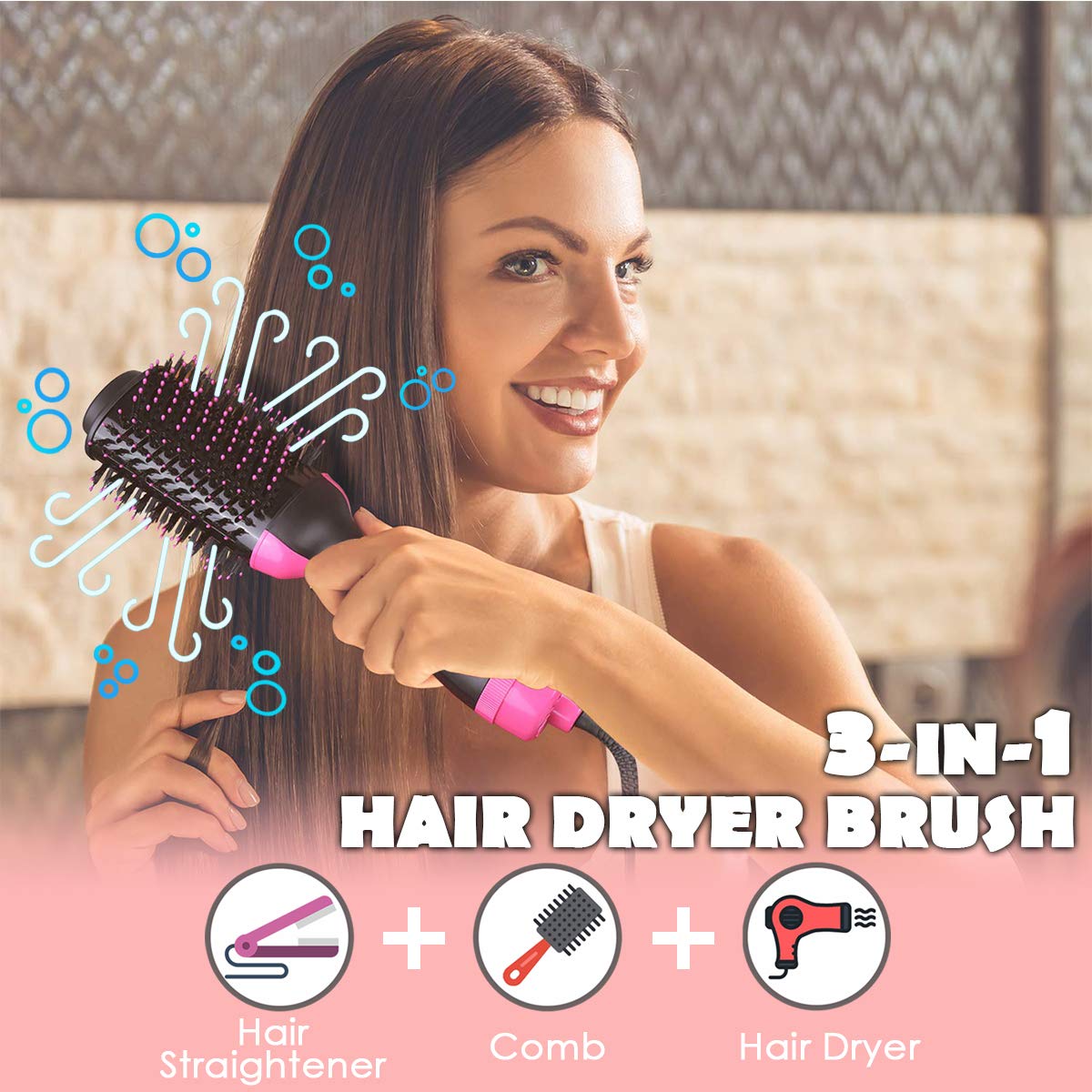 Hair Dryer Brush and Hot Air Hair Brush 3 in 1 Electric One Step Hair Dryer Volumizer with Negative Ion Curling Dryer Brush Styler, Hair Straightening Brush, Rotating Blow Dryer Brush - ultrsbeauty