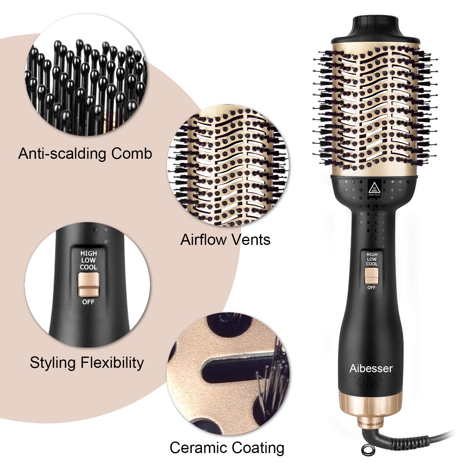 Hair Dryer Brush,One-Step Hair Dryer & Volumizer Hot Air Styler Brush,5 in 1 Multifunctional Blow Dryer Brush, Professional Negative Ion Anti-Frizz Hair Dryer Styler Brush - ultrsbeauty