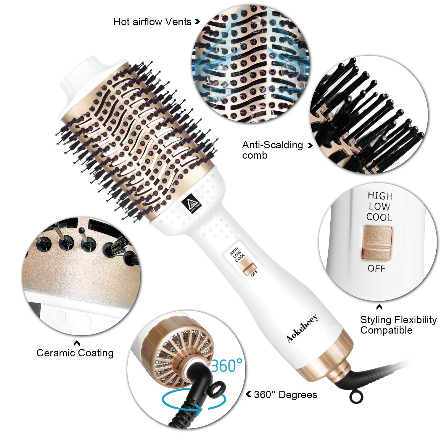 Hair Dryer Brush, One Step Hair Dryer & Volumizer, Hot Air Brush for Hair Styling, Multifunctional 5-in-1 Salon Negative Ionic Hair Straightener & Curly Hair Comb - White and Gold - ultrsbeauty